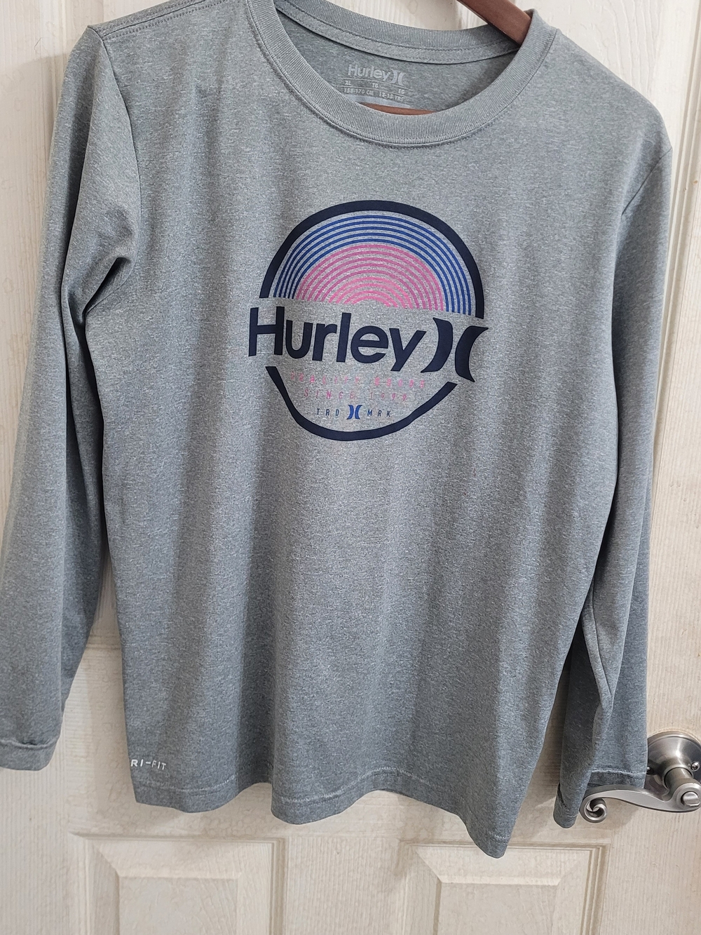 Hurley Grey Long Sleeve Tee with Pink and Blue Graphic